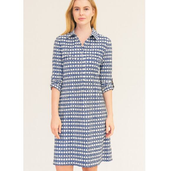 J. McLaughlin SZ XS Geo Print Jersey Knit Collared V-Neck Tab Sleeve Dress NWOT - Picture 1 of 7